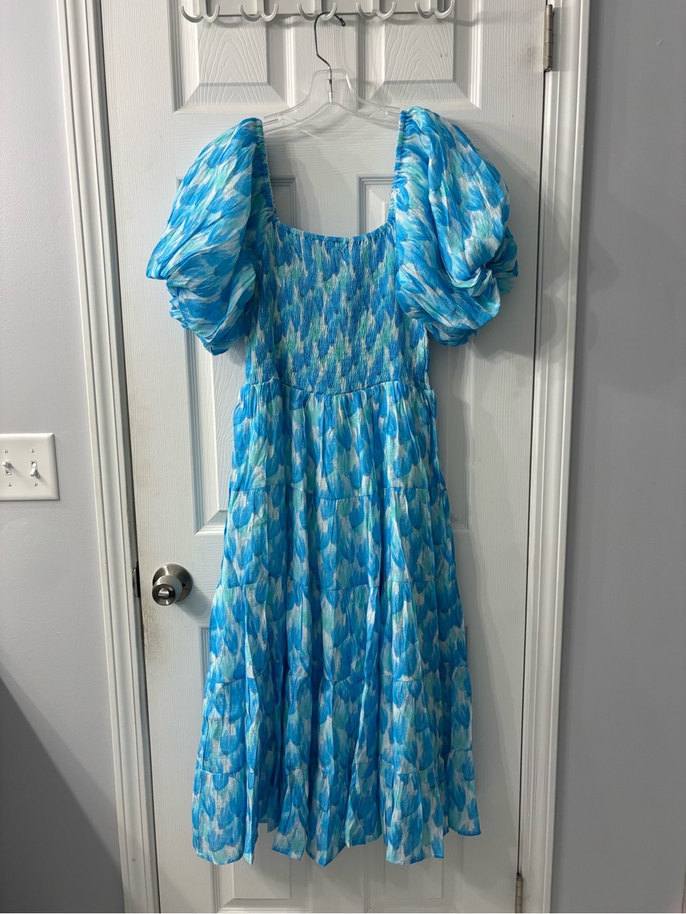 Blue Puff-Sleeve Midi Dress with Smocked Bodice